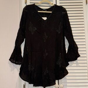 Black beaded v neck polyester blouse